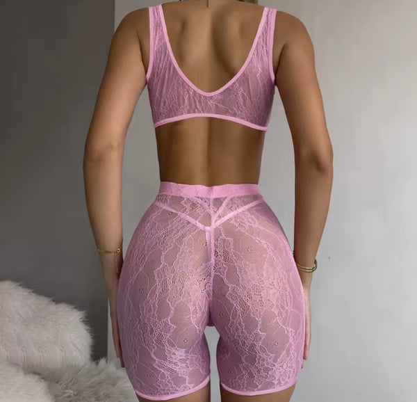 Women Pink Sleeveless Sexy Lace Three Piece Lingerie Set