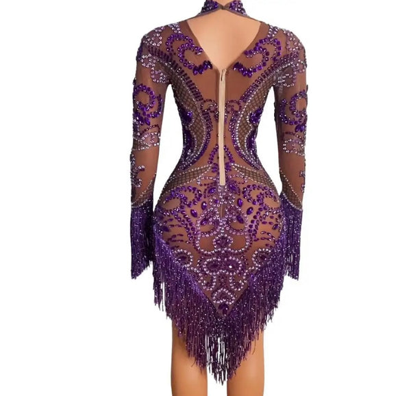 Women Sexy Purple Beaded Crystal Full Sleeve Tassel Mesh Dress