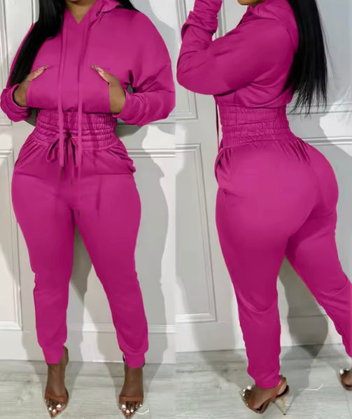 Women Fashion Pocket Hooded Tracksuit Two Piece Pant Set