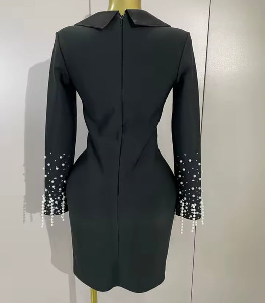 Women Black Pearl Embellishment Full Sleeve Blazer Dress