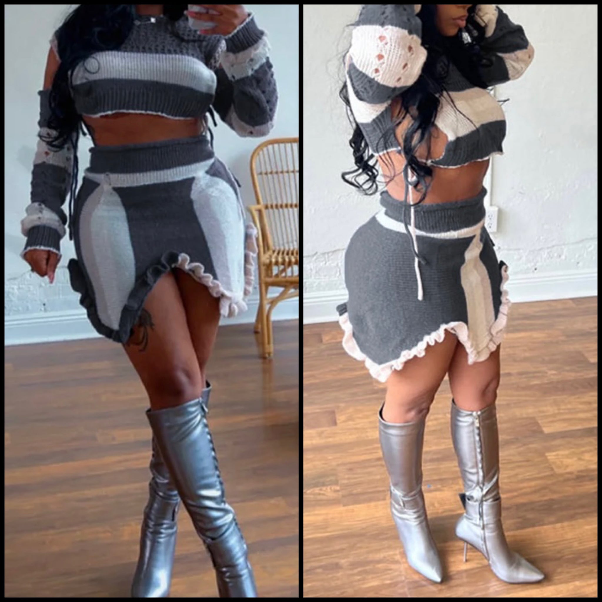 Women Sexy Full Sleeve Knitted Striped Two Piece Skirt Set