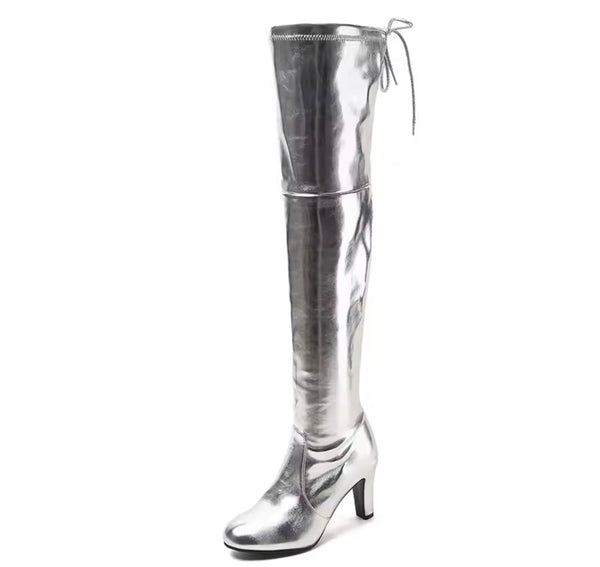 Women Metallic Drawstring Fashion Over The Knee Boots