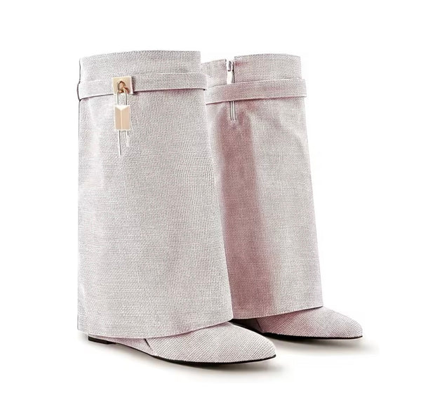 Women Color Fashion Buckled Lock Platform Wedge Boots