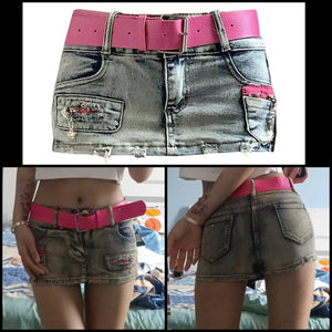 Women Sexy Short Belted Color Patchwork Denim Skirt