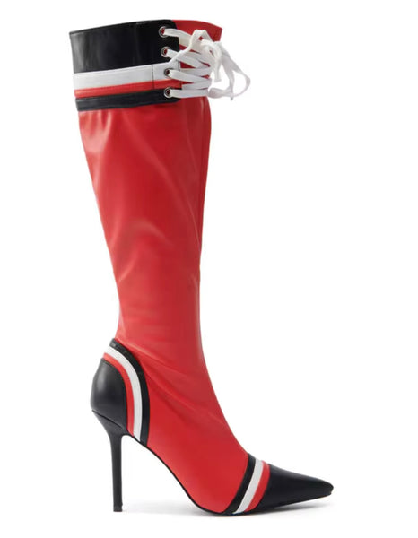 Women Fashion Color Patchwork Striped Tie Up Knee High Boots