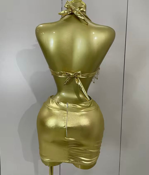 Women Rhinestone Tassel Halter Sleeveless Two Piece PU Skirt Set