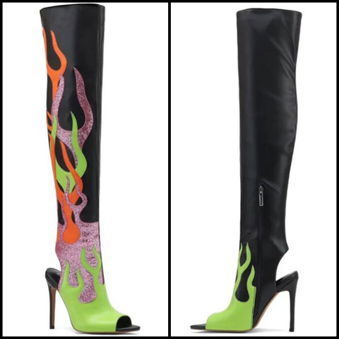 Women Open Toe Multicolored Print Fashion Over The Knee Boots