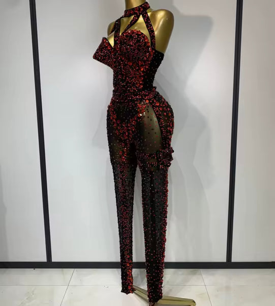Women Black Sexy Sleeveless Red Rhinestone Mesh Jumpsuit