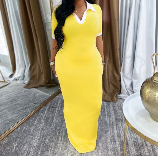 Women Color Patchwork Collar Short Sleeve Sexy Maxi Dress