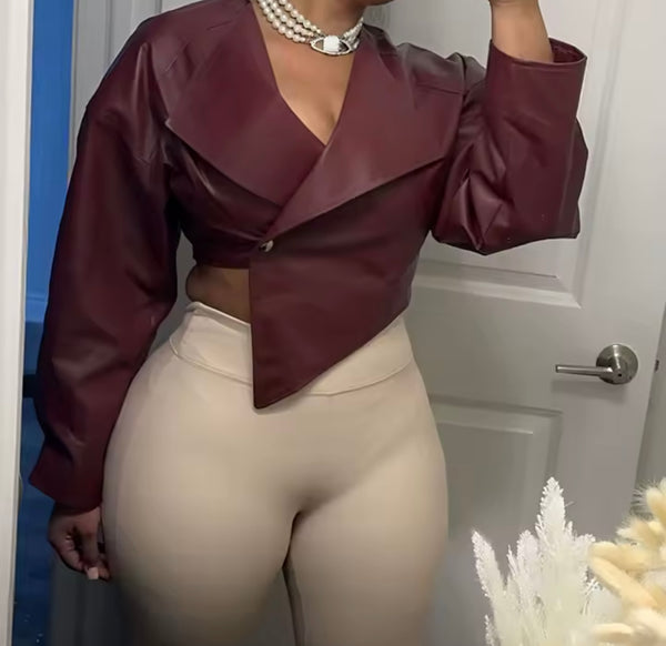 Women Fashion Burgundy PU Leather Button Crop Jacket