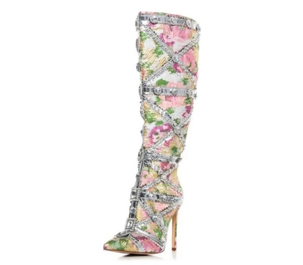 Women Multicolored Floral Crystal Fashion Knee High Boots