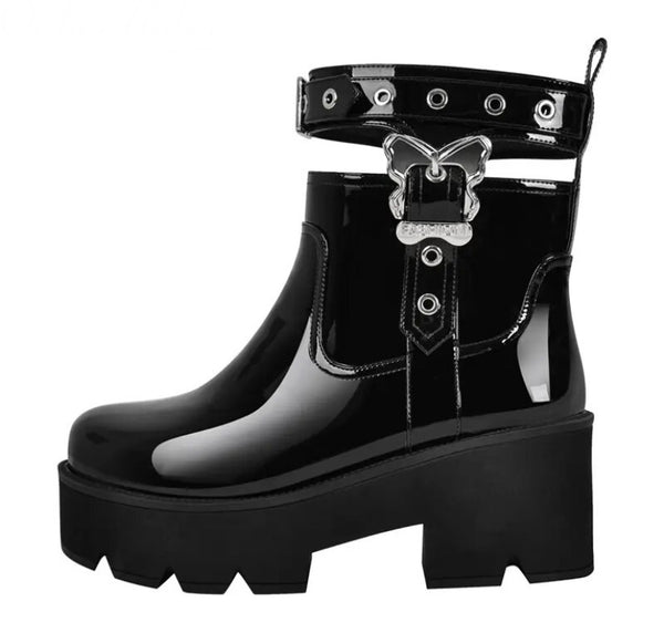 Women Black Patent Leather Butterfly Buckle Ankle Boots