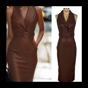 Women Sleeveless Brown Faux Leather Buckled Sexy Dress