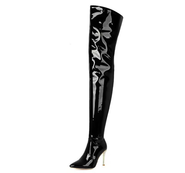 Women Fashion Patent Leather Thigh Length High Heel Boots