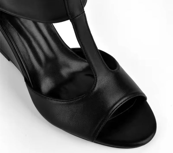 Women Black Fashion Open Toe Cut Out Wedge Knee High Boots