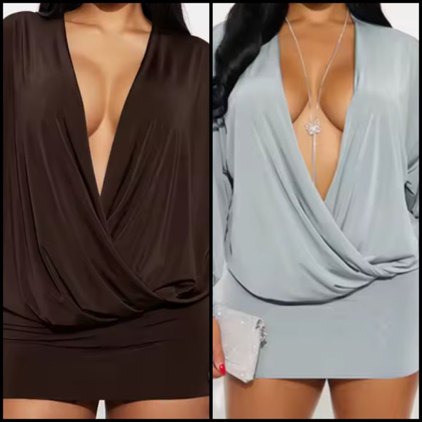 Women Sexy Draped V-Neck Full Sleeve Dress