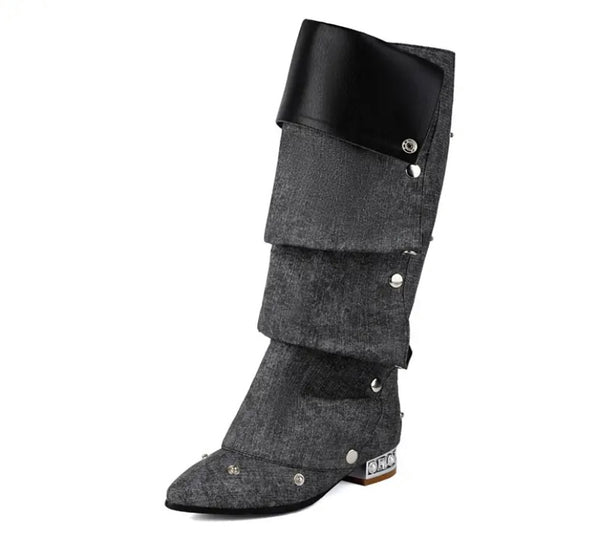 Women Fashion Flat Button Knee High Boots