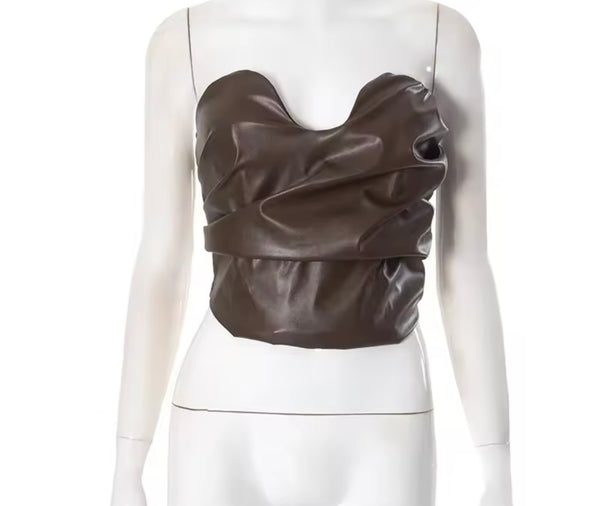 Women Sexy Fashion Strapless Faux Leather Crop Top