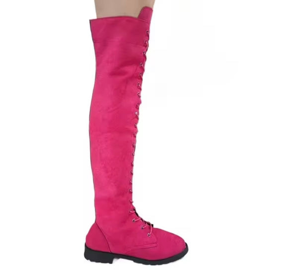 Women Fashion Color Suede Lace Up Over The Knee Flat Boots