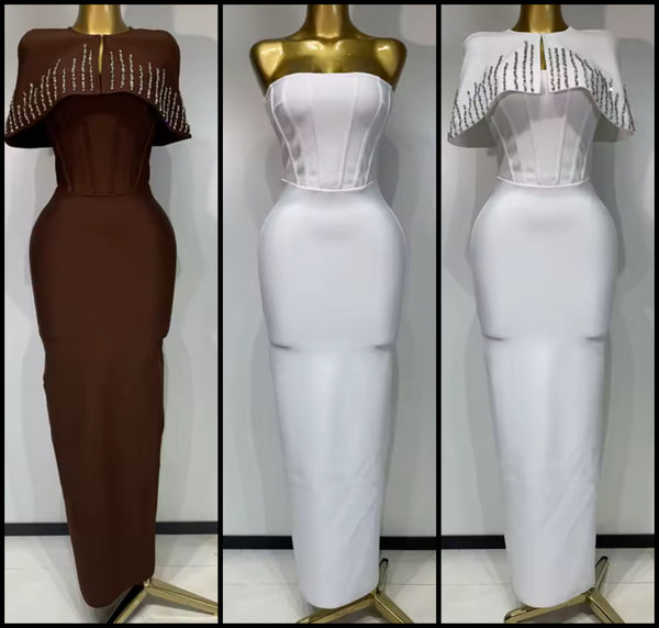 Women Sexy Crystal Shawl Strapless Maxi Dress