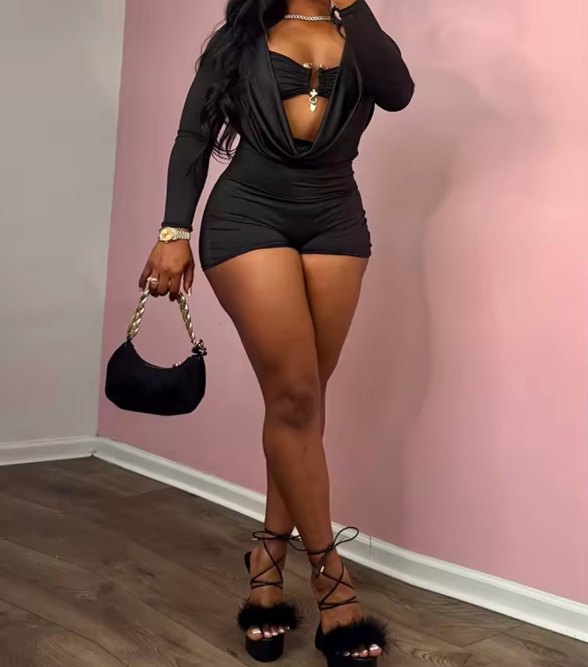 Women Sexy Metal Full Sleeve Color Cut Out Romper