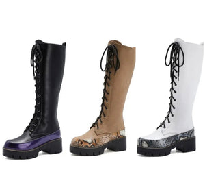 Women Color Patchwork Lace Up Fashion Knee High Boots