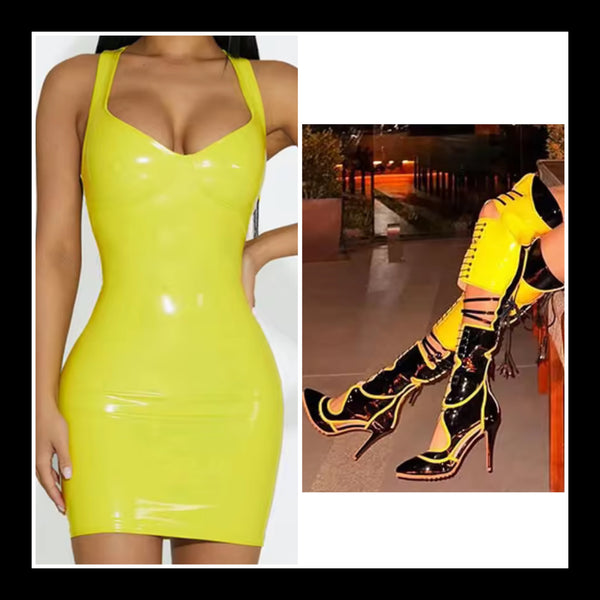 Women Sexy Sleeveless PU Color Dress