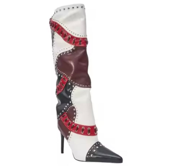 Women Fashion Pointed Toe Color Patchwork Knee High Boots
