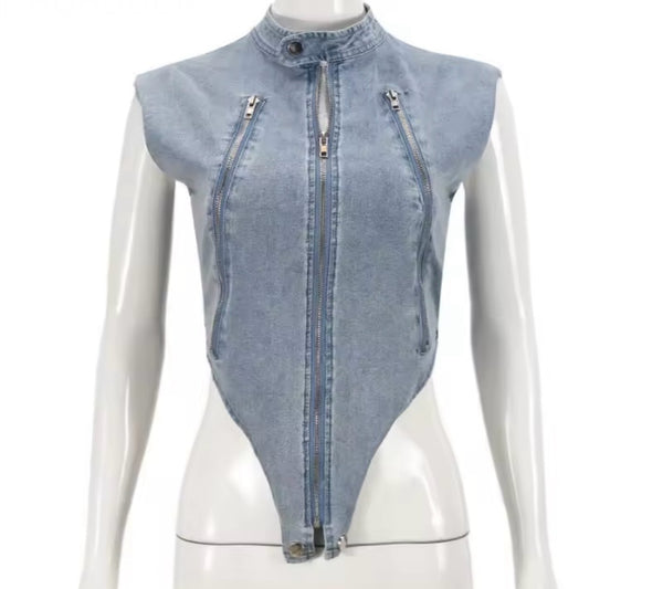 Women Zip Up Sleeveless Denim Top
