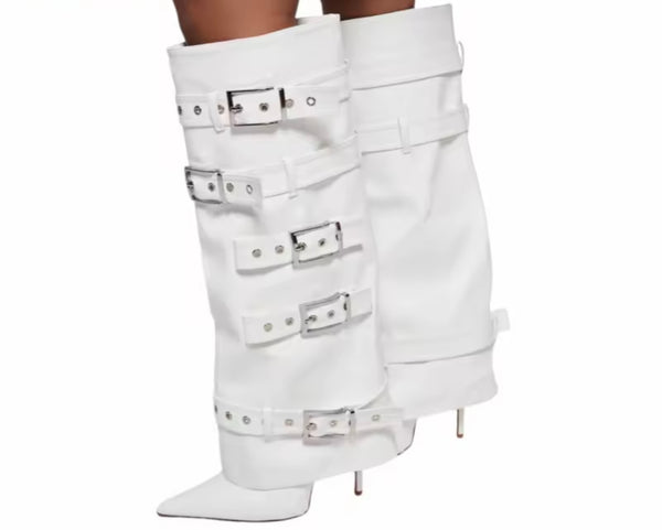Women White Pointed Toe Buckled Fashion Knee High Boots