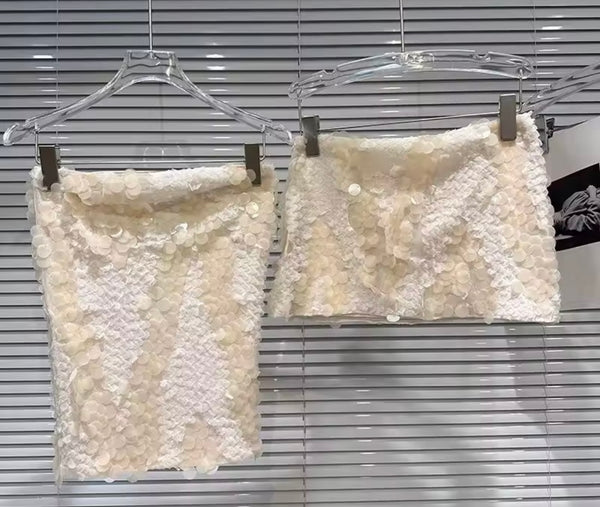 Women Sexy Strapless Open Back Sequins Two Piece Skirt Set