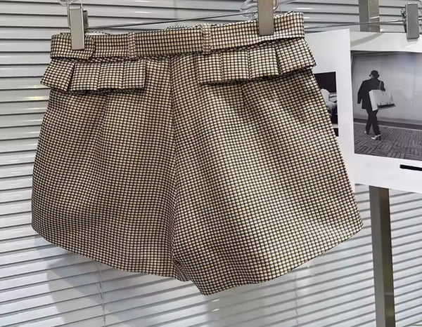 Women Bling Collar Bow Khaki Plaid Two Piece Short Set