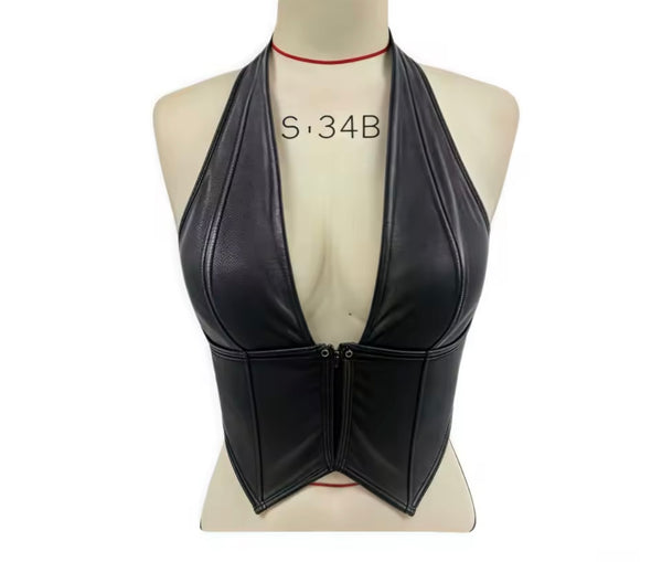 Women Fashion Faux Leather Halter Two Piece Bling Denim Short Set