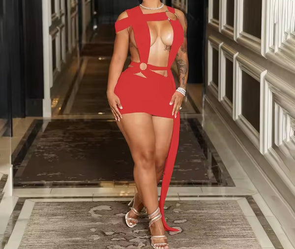 Women Sleeveless Sexy Cut Out Color Dress