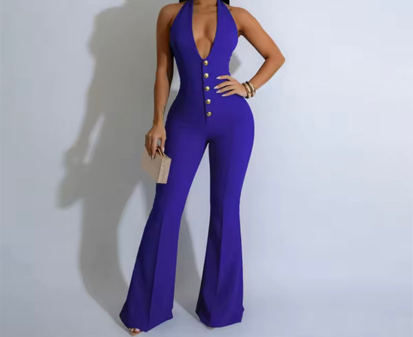 Women Sexy Fashion Button Halter Sleeveless Jumpsuit