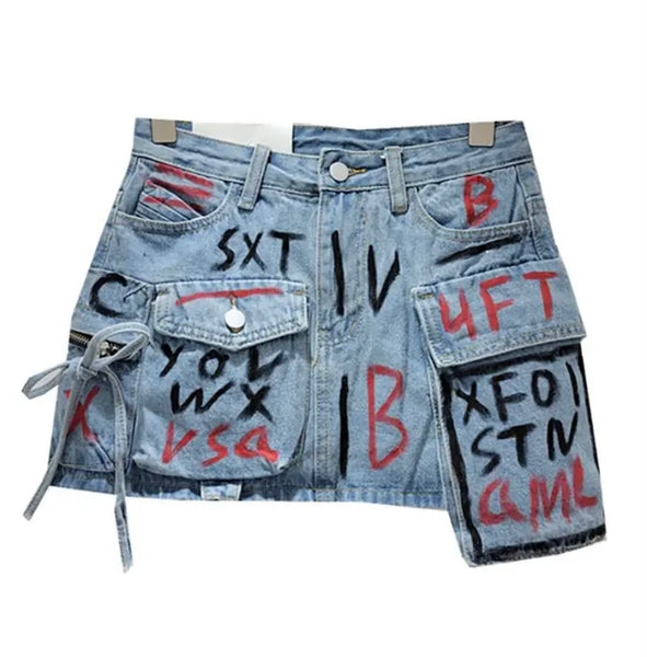 Women Fashion Graffiti Cargo Denim Skirt