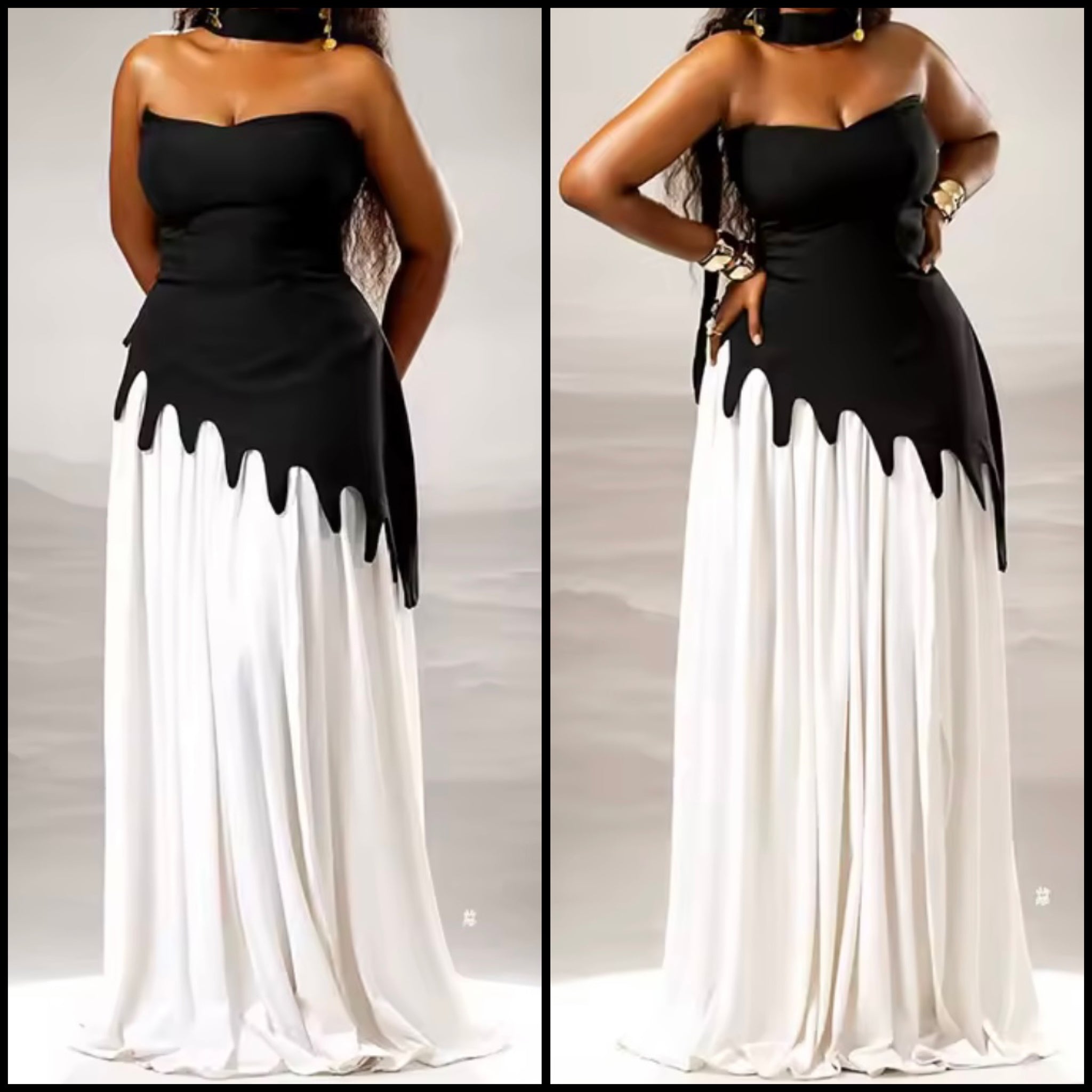 Women Sexy Sleeveless Scarf B&W Maxi Dress
