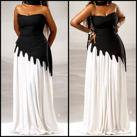 Women Sexy Sleeveless Scarf B&W Maxi Dress