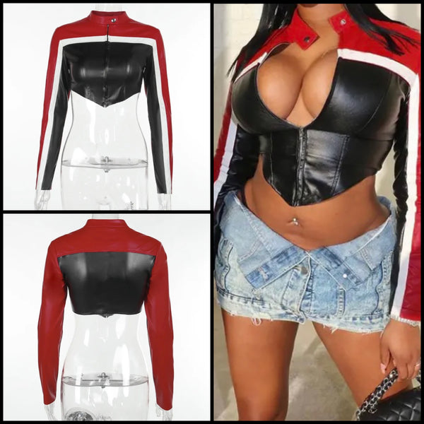 Women Color Patchwork Fashion Faux Leather Crop Jacket