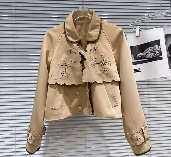 Women Fashion Khaki Jacket Two Piece Pleated Skirt Set