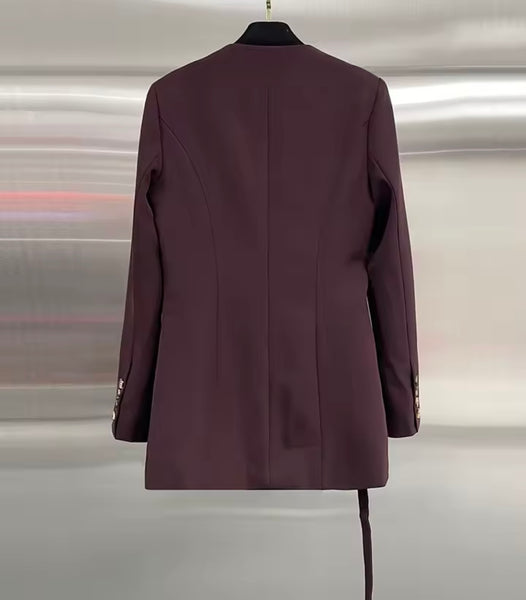 Women Burgundy Wrap Buckled Fashion Blazer Top