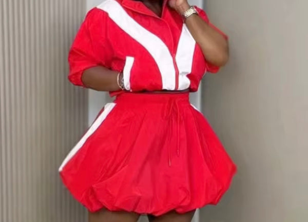 Women Zip Up Striped Tracksuit Two Piece Skirt Set
