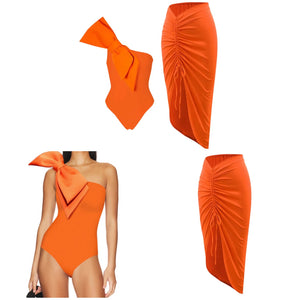 Women Sexy Orange Bow One Shoulder Swimsuit Cover Up Set