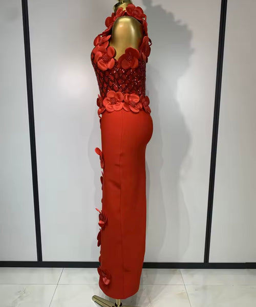 Women Sexy Sleeveless Sequins Beaded 3D Floral Maxi Dress