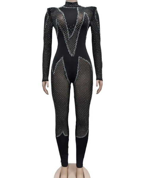 Women Sexy Black Bling Mesh Patchwork Full Sleeve Jumpsuit