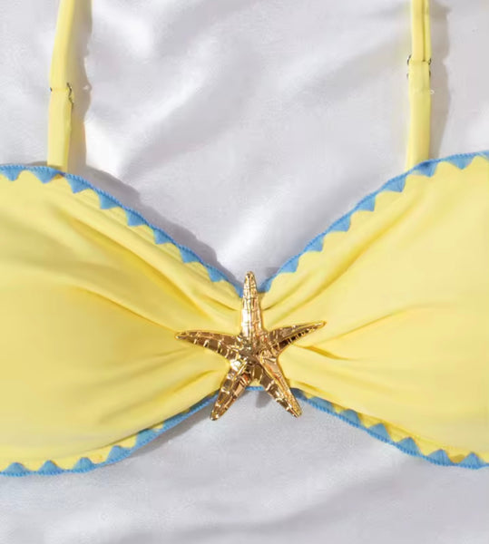 Women Yellow Color Patchwork Starfish Bikini Swimsuit