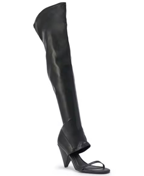 Women Fashion Faux Leather Open Toe Knee High Boots