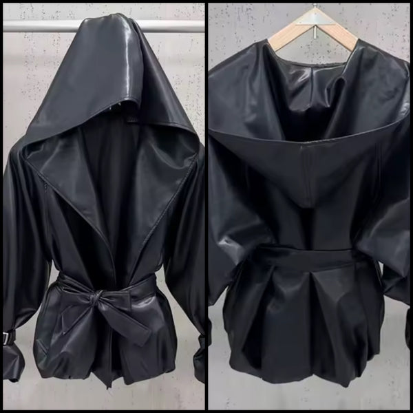 Women Fashion Black Hooded Faux Leather Jacket