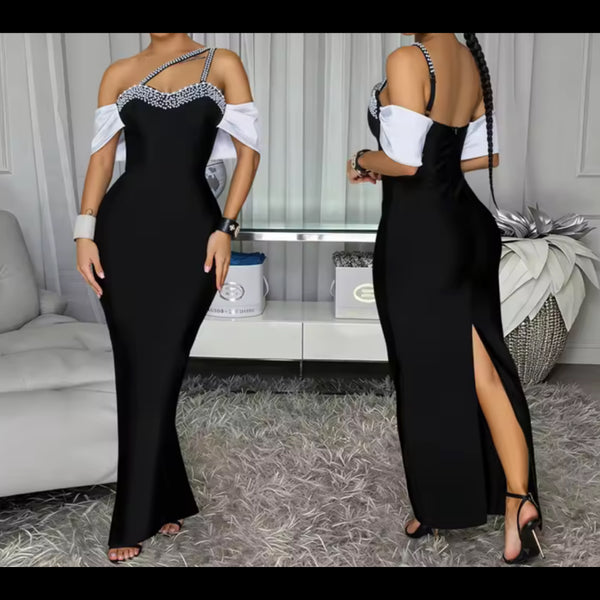 Women Sexy One Shoulder Pearl B&W Maxi Dress