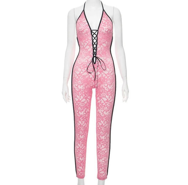 Women Sexy Pink Sleeveless Halter Lace Jumpsuit